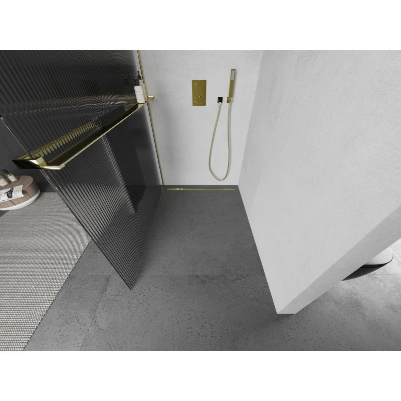 Mexen Kioto+ paroi de douche avec étagère Walk-in 100 x 200 cm, rayures, dorée - 800-100-121-50-09