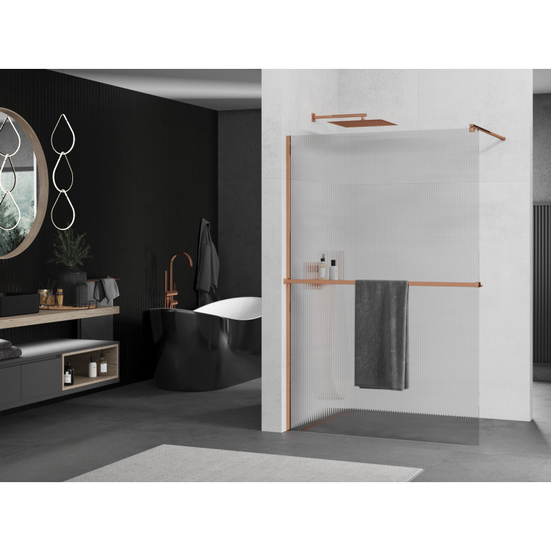 Mexen Kioto+ ścianka prysznicowa z półką Walk-in 70 x 200 cm, prążki, różowe złoto - 800-070-121-60-09