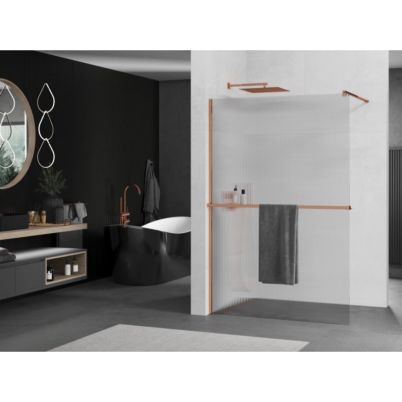 Mexen Kioto+ ścianka prysznicowa z półką Walk-in 80 x 200 cm, prążki, różowe złoto - 800-080-121-60-09