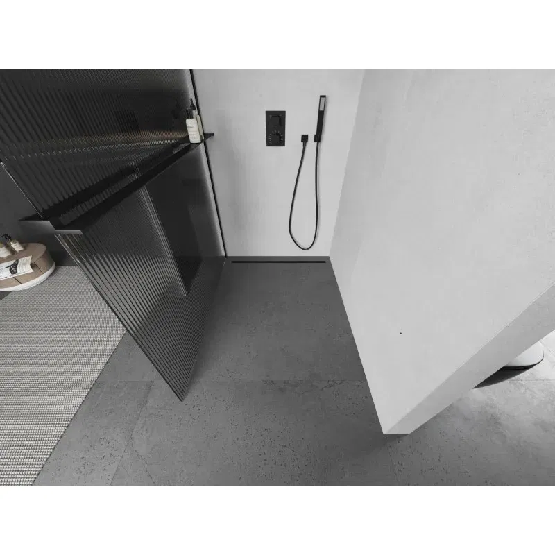 Mexen Kioto+ Duschwand mit Regal Walk-in 90 x 200 cm, Streifen, schwarz - 800-090-121-70-09