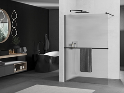 Mexen Kioto+ ścianka prysznicowa z półką Walk-in 100 x 200 cm, prążki, czarna - 800-100-121-70-09