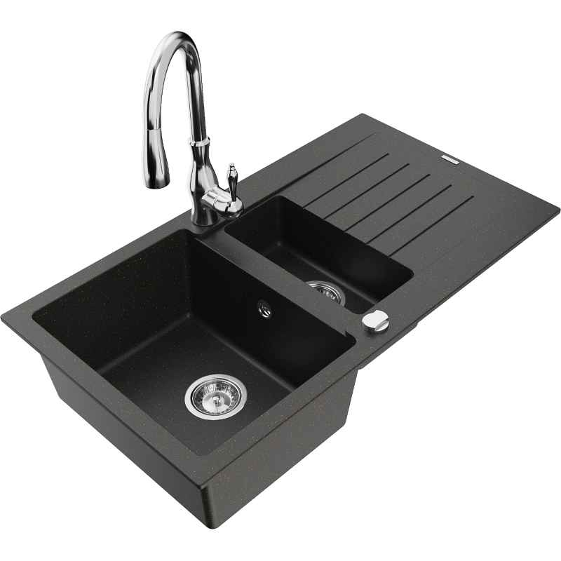 Mexen Matias granite sink 1.5-bowl with drainer and Savita kitchen tap, black/gold - 6502-75-672601-00