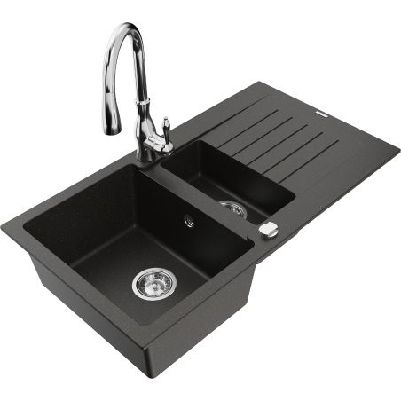 Mexen Matias granite sink 1.5-bowl with drainer and Savita kitchen tap, black/gold - 6502-75-672601-00