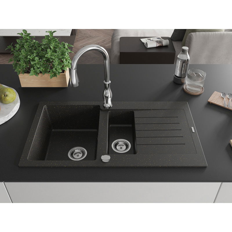 Mexen Matias granite sink 1.5-bowl with drainer and Savita kitchen tap, black/gold - 6502-75-672601-00