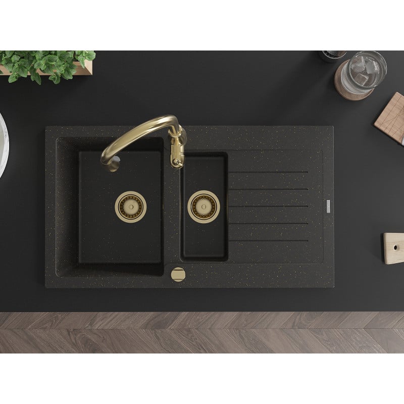 Mexen Matias granitdiskbänk 1,5-kluven med avrinningsyta och köksblandare Savita, svart/guld - 6502-75-672601-50