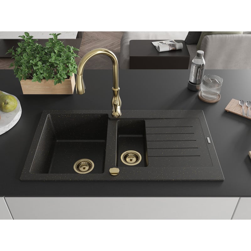 Mexen Matias Granitspüle 1,5-Becken mit Abtropffläche und Küchenarmatur Savita, schwarz/gold - 6502-75-672601-50