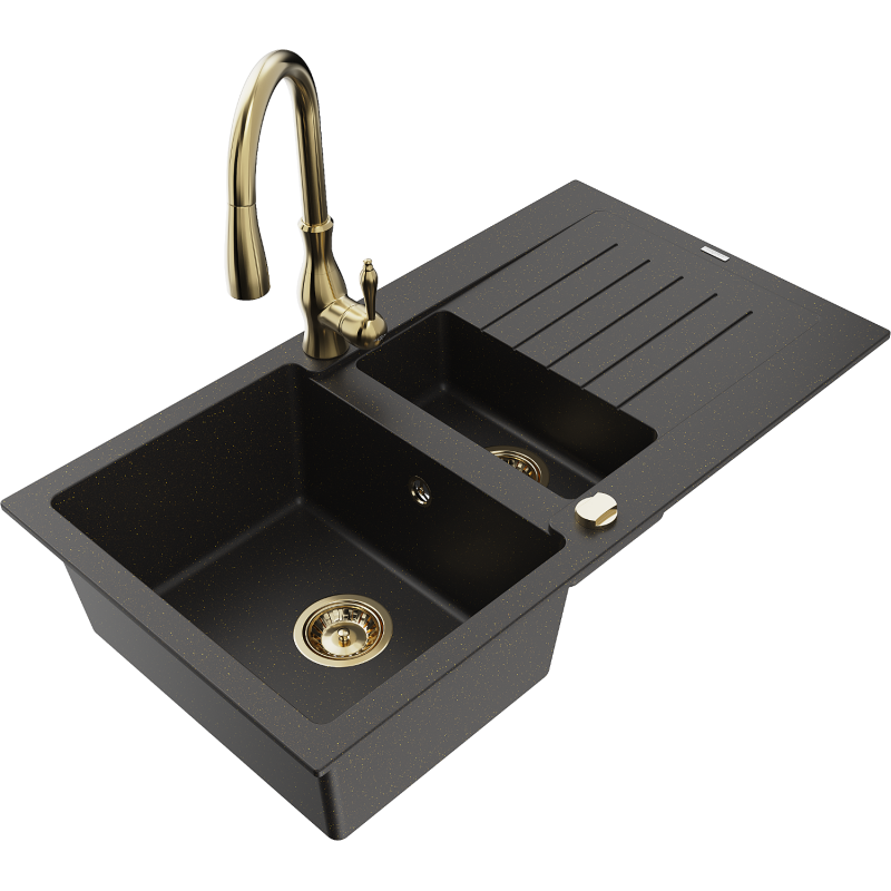 Mexen Matias 1.5-bowl granite sink with drainer and Savita kitchen tap, black/gold - 6502-75-672601-50