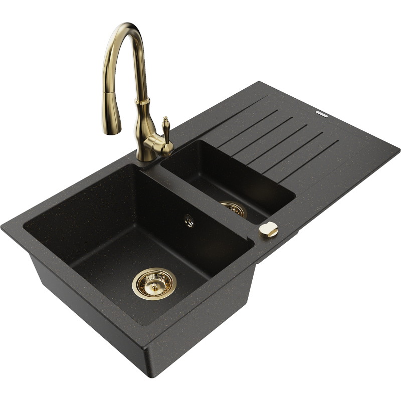 Mexen Matias fregadero de granito de 1,5 seno con escurridor y grifo de cocina Savita, negro/dorado - 6502-75-672601-50