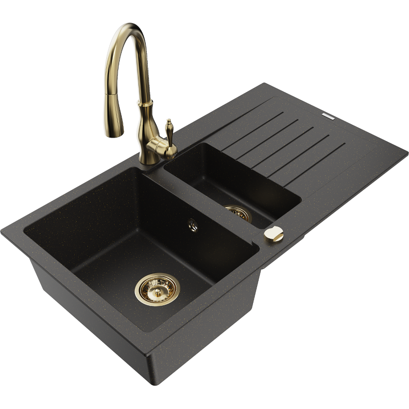 Mexen Matias lava-louça de granito 1,5 câmara com escorredor e torneira de cozinha Savita, preto/dourado - 6502-75-672601-50