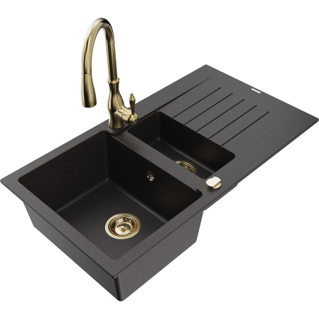 Mexen Matias granitais izlietne, 1,5 kameras ar notekas zonu un virtuves jaucējkrānu Savita, melns/zelts - 6502-75-672601-50