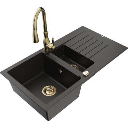Mexen Matias Granitspüle 1,5-Becken mit Abtropffläche und Küchenarmatur Savita, schwarz/gold - 6502-75-672601-50