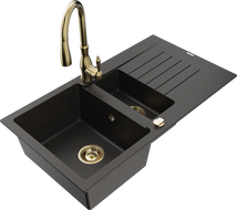 Mexen Matias 1.5-bowl granite sink with drainer and Savita kitchen tap, black/gold - 6502-75-672601-50