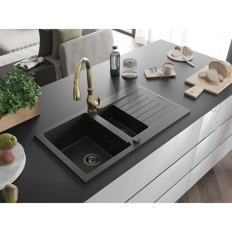 Mexen Matias fregadero de granito de 1,5 cubetas con escurridor y grifo de cocina Savita, negro/dorado - 6502-75-672601-50-B