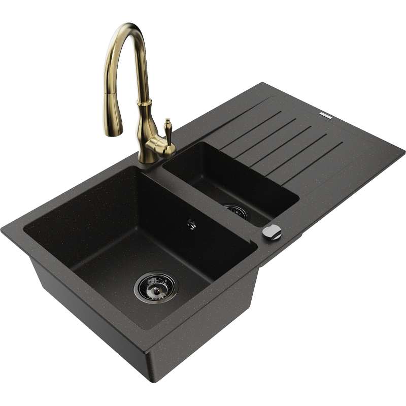 Mexen Matias fregadero de granito 1,5 senos con escurridor y grifo de cocina Savita, negro/dorado - 6502-75-672601-50-B