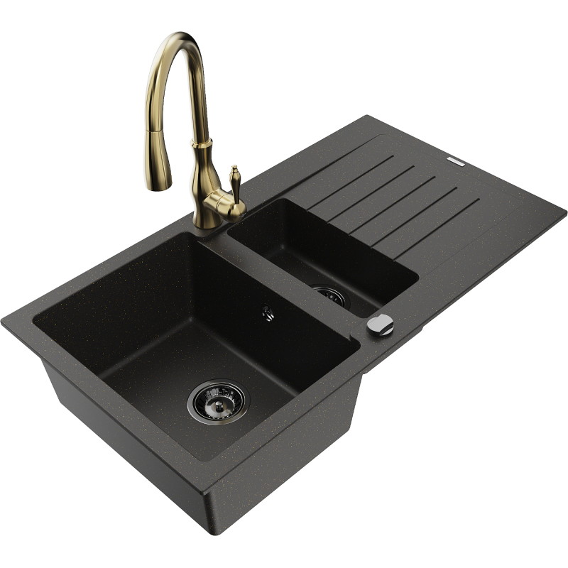 Mexen Matias fregadero de granito de 1,5 cubetas con escurridor y grifo de cocina Savita, negro/dorado - 6502-75-672601-50-B
