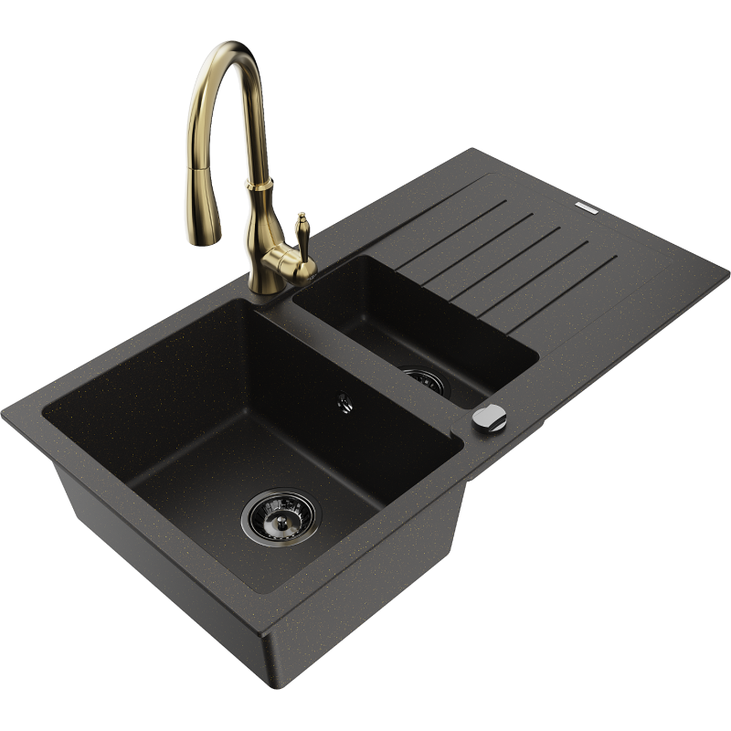 Mexen Matias granite sink 1.5 bowl with drainer and Savita kitchen tap, black/gold - 6502-75-672601-50-B