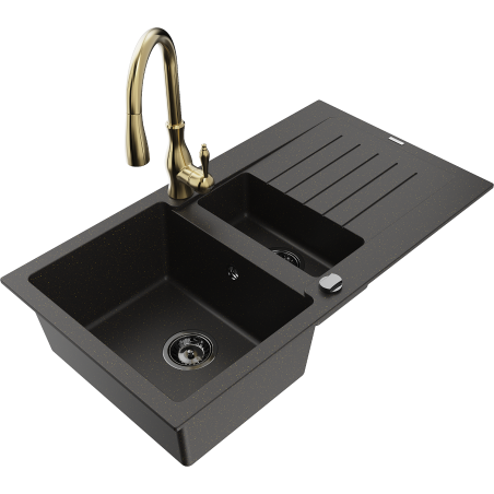 Mexen Matias 1.5-bowl granite sink with drainer and Savita kitchen faucet, black/gold - 6502-75-672601-50-B