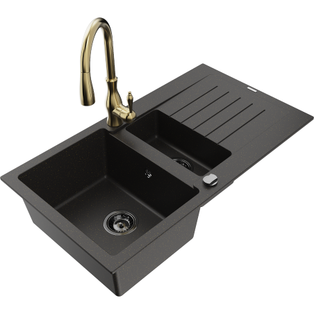 Mexen Matias fregadero de granito 1,5 senos con escurridor y grifo de cocina Savita, negro/dorado - 6502-75-672601-50-B