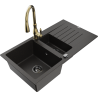 Mexen Matias 1.5-bowl granite sink with drainer and Savita kitchen faucet, black/gold - 6502-75-672601-50-B