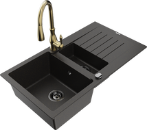 Mexen Matias fregadero de granito 1,5 senos con escurridor y grifo de cocina Savita, negro/dorado - 6502-75-672601-50-B