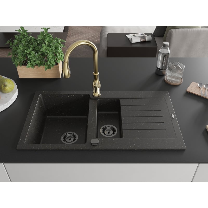Mexen Matias 1.5-bowl granite sink with drainer and Savita kitchen faucet, black/gold - 6502-75-672601-50-B