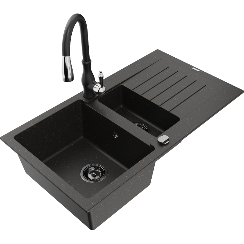 Mexen Matias granite sink 1.5-bowl with drainer and Savita kitchen tap, black/gold - 6502-75-672601-70-B