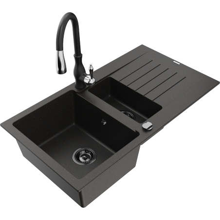 Mexen Matias granite sink 1.5-bowl with drainer and Savita kitchen tap, black/gold - 6502-75-672601-70-B
