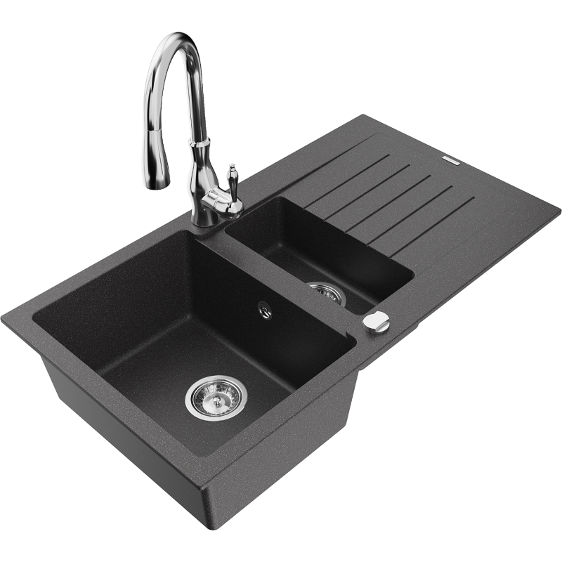 Mexen Matias lava-louça de granito 1,5 cuba com escorredor e torneira de cozinha Savita, preto salpicado - 6502-76-672601-00