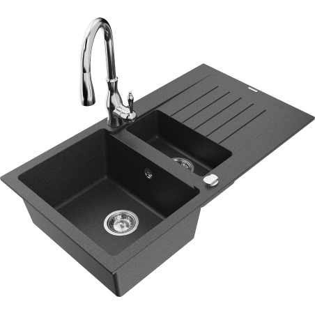 Mexen Matias granitais izlietne ar 1,5 nodalījumu un ūdens izlietni, un virtuves maisītājs Savita, melns ar plankumiem