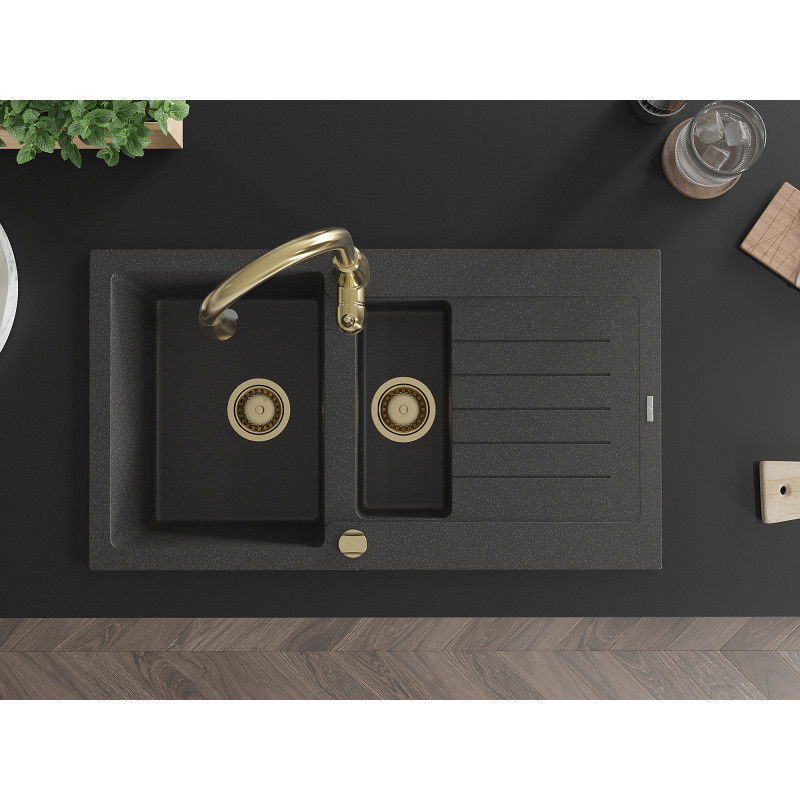 Mexen Matias graniittinen 1,5-kammioinen keittiöallas valutustasolla ja Savita-keitinhanalla, musta täplikäs