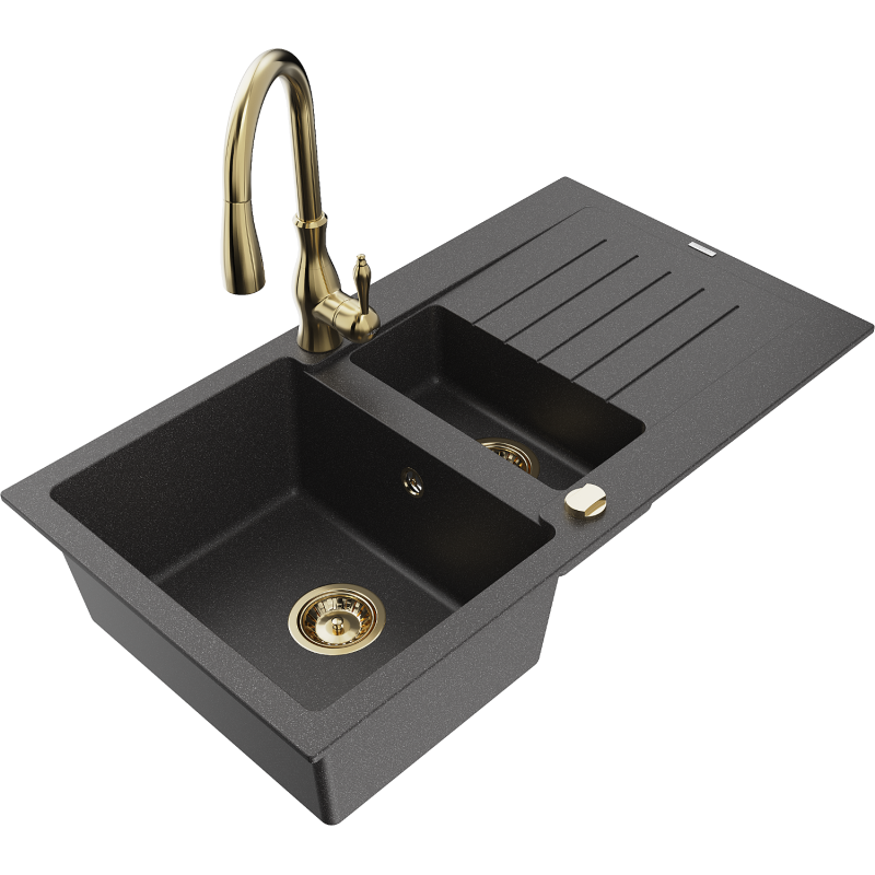 Mexen Matias fregadero de granito de 1,5 senos con escurridor y grifo de cocina Savita, negro moteado - 6502-76-672601-50