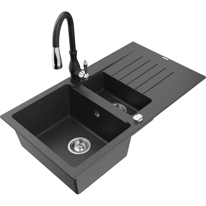 Mexen Matias fregadero de granito de 1,5 senos con escurridor y grifo de cocina Savita, negro moteado - 6502-76-672601-70