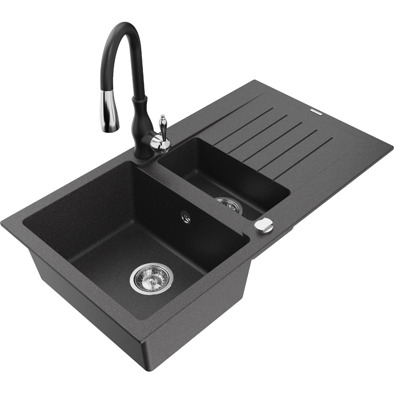 Mexen Matias granite sink 1.5-bowl with drainer and Savita kitchen tap, black speckled - 6502-76-672601-70