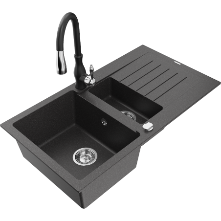 Mexen Matias granite sink 1.5-bowl with drainer and Savita kitchen tap, black speckled - 6502-76-672601-70
