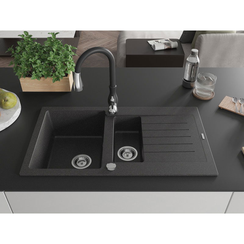 Mexen Matias granite sink 1.5-bowl with drainer and Savita kitchen tap, black speckled - 6502-76-672601-70