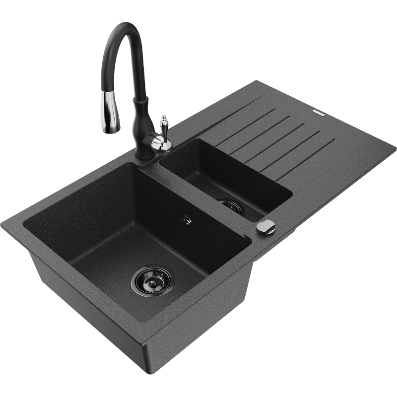 Mexen Matias fregadero de granito de 1,5 senos con escurridor y grifo de cocina Savita, negro moteado - 6502-76-672601-70-B
