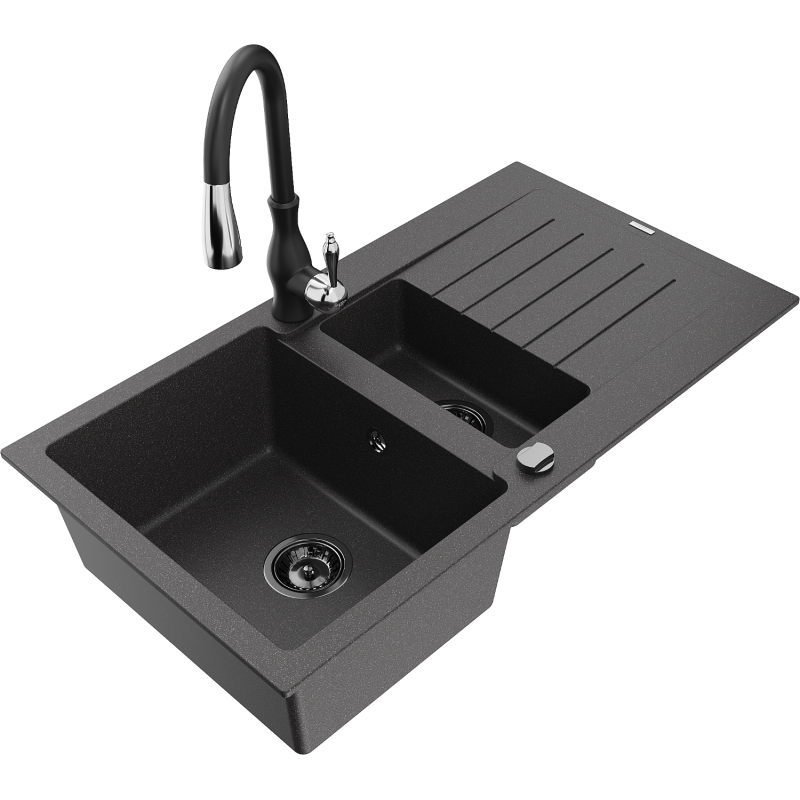 Mexen Matias lavello in granito 1,5 vasche con scolapiatti e rubinetto cucina Savita, nero maculato - 6502-76-672601-70-B