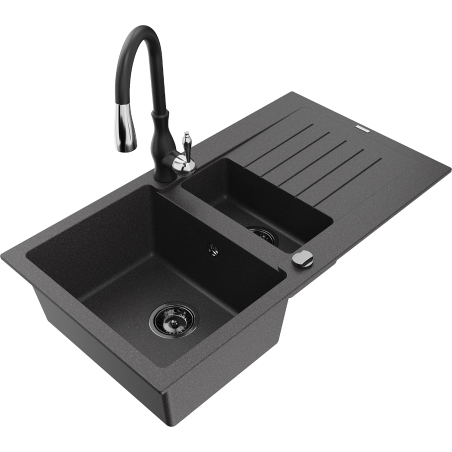 Mexen Matias fregadero de granito de 1,5 senos con escurridor y grifo de cocina Savita, negro moteado - 6502-76-672601-70-B