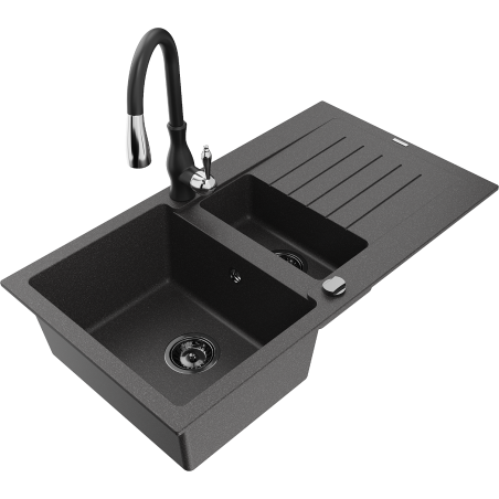 Mexen Matias granite sink 1.5-bowl with drainer and kitchen faucet Savita, speckled black - 6502-76-672601-70-B