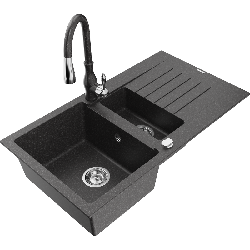 Mexen Matias fregadero de granito 1,5 senos con escurridor y grifo de cocina Savita, negro moteado - 6502-76-672601-76