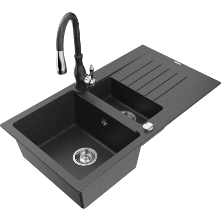 Mexen Matias fregadero de granito de 1,5 senos con escurridor y grifo de cocina Savita, negro moteado - 6502-76-672601-76