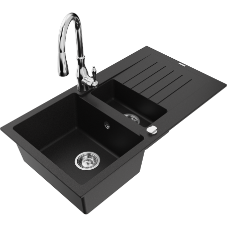 Mexen Matias fregadero de granito de 1,5 senos con escurridor y grifo de cocina Savita, negro - 6502-77-672601-00