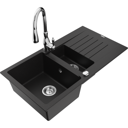 Mexen Matias granite sink 1.5-bowl with drainer and Savita kitchen tap, black - 6502-77-672601-00