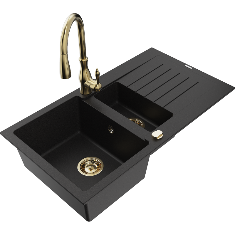 Mexen Matias fregadero de granito 1,5 senos con escurridor y grifo de cocina Savita, negro - 6502-77-672601-50