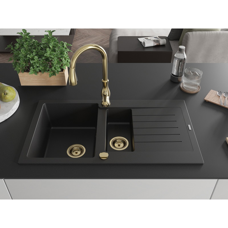 Mexen Matias fregadero de granito de 1,5 senos con escurridor y grifo de cocina Savita, negro - 6502-77-672601-50