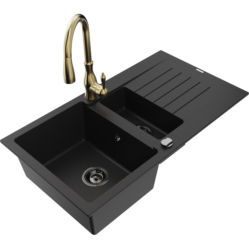 Mexen Matias fregadero de granito 1,5 cubetas con escurridor y grifo de cocina Savita, negro - 6502-77-672601-50-B