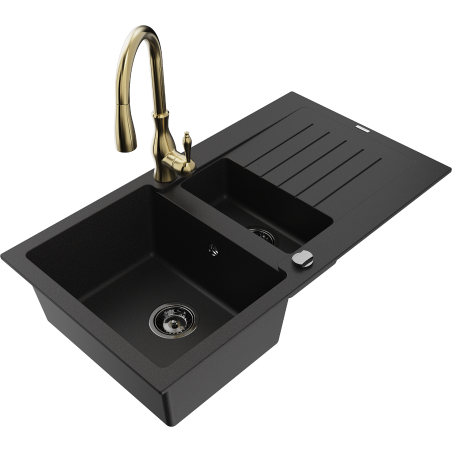 Mexen Matias 1.5-bowl granite sink with drainer and Savita kitchen faucet, black - 6502-77-672601-50-B