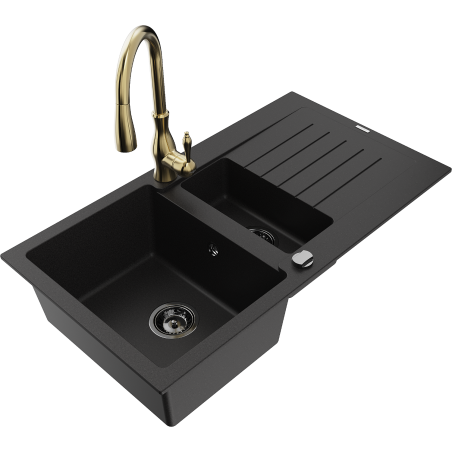 Mexen Matias fregadero de granito 1,5 cubetas con escurridor y grifo de cocina Savita, negro - 6502-77-672601-50-B