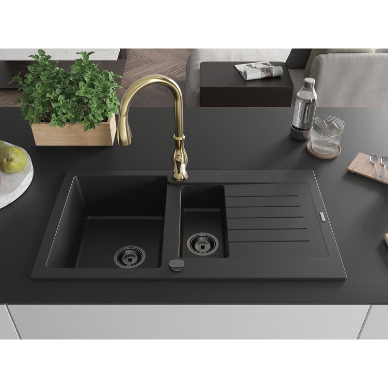 Mexen Matias granite sink 1.5-bowl with drainer and Savita kitchen tap, black - 6502-77-672601-50-B