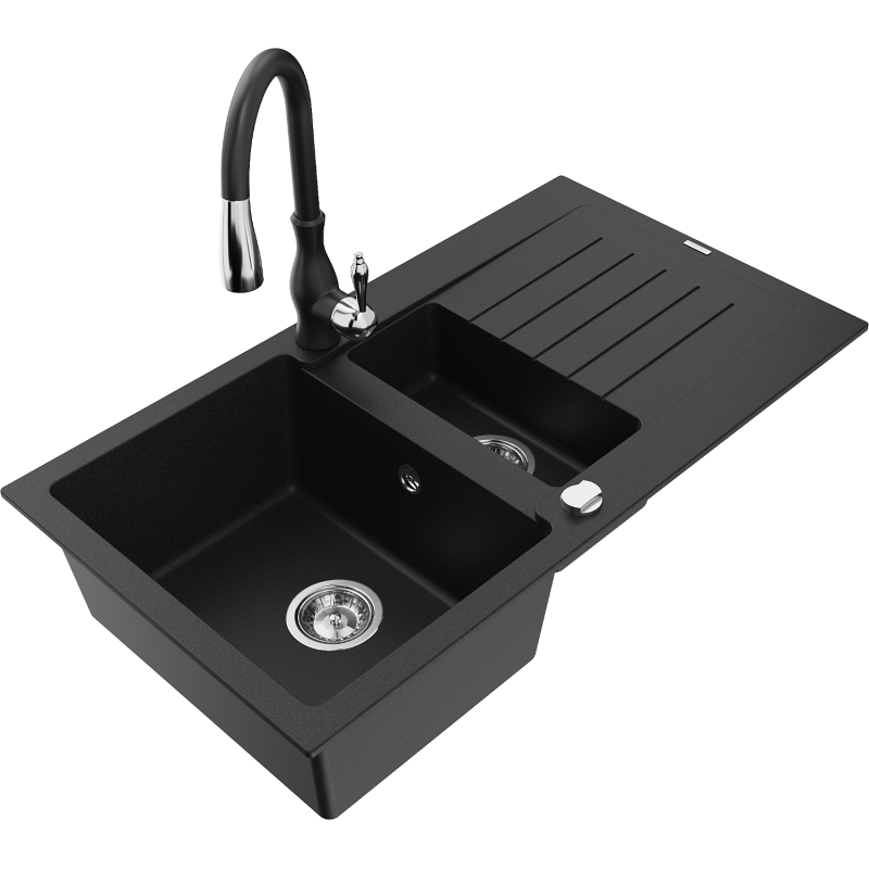 Mexen Matias fregadero de granito de 1,5 senos con escurridor y grifo de cocina Savita, negro - 6502-77-672601-70